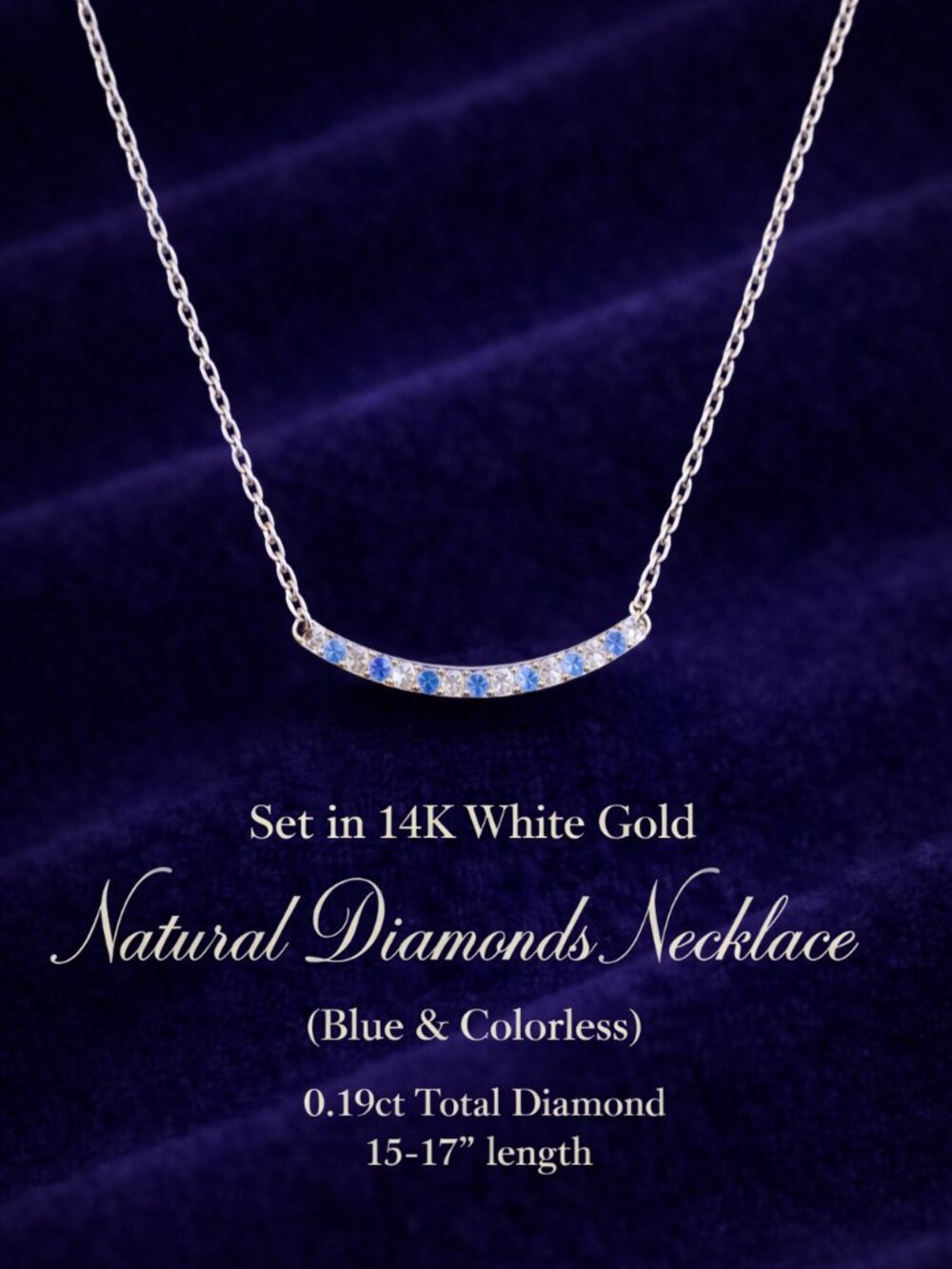 14K White Gold Blue Diamond Bar Necklace, Natural Fancy Blue & White